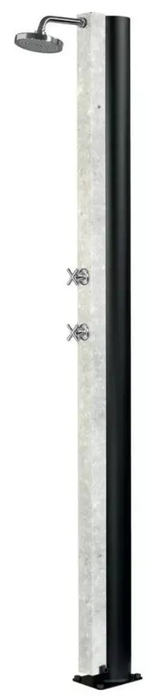 Doccia solare in acciaio bianco e nero, capacità 30 litri, con soffione e due manopole.