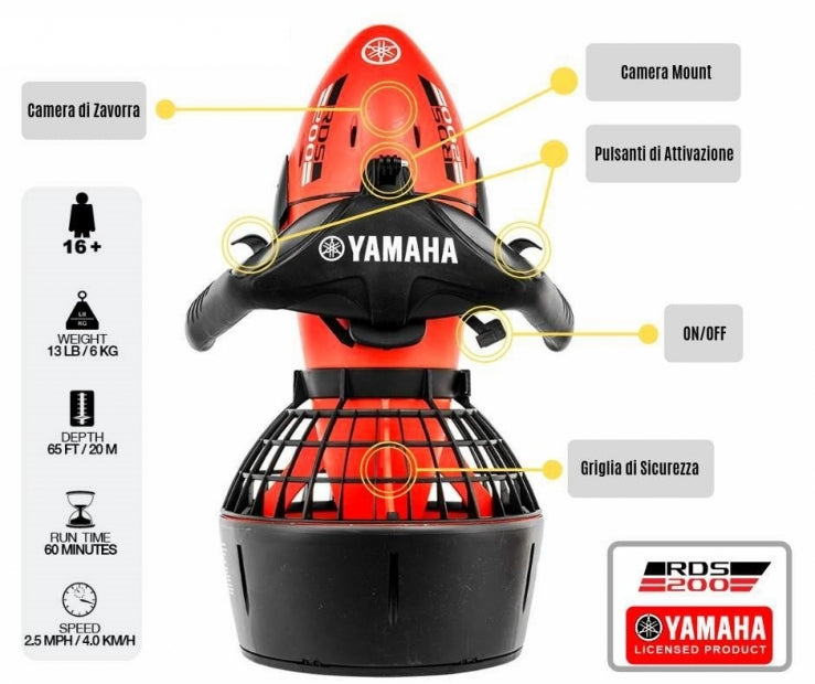 Acquascooter Seascooter Yamaha RDS200 a Batteria - Propulsore Subacqueo - Km/h 3,2 - Profondità Mt 20