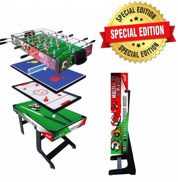 Tavolo Multigioco Sport One Italy Verticale Salvaspazio - 4 Giochi in 1 - Calciobalilla 4 Vs 4 Aste Rientranti / Ping Pong / Tavolo da Biliardo & Speed Hockey - Cm. 121,90 X 60 X 81,5 - SPECIAL EDITION
