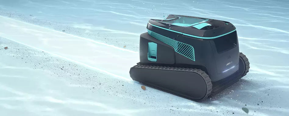 Robot piscina Dolphin Liberty 600i in azione sott'acqua, design moderno e tracciato pulito visibile.