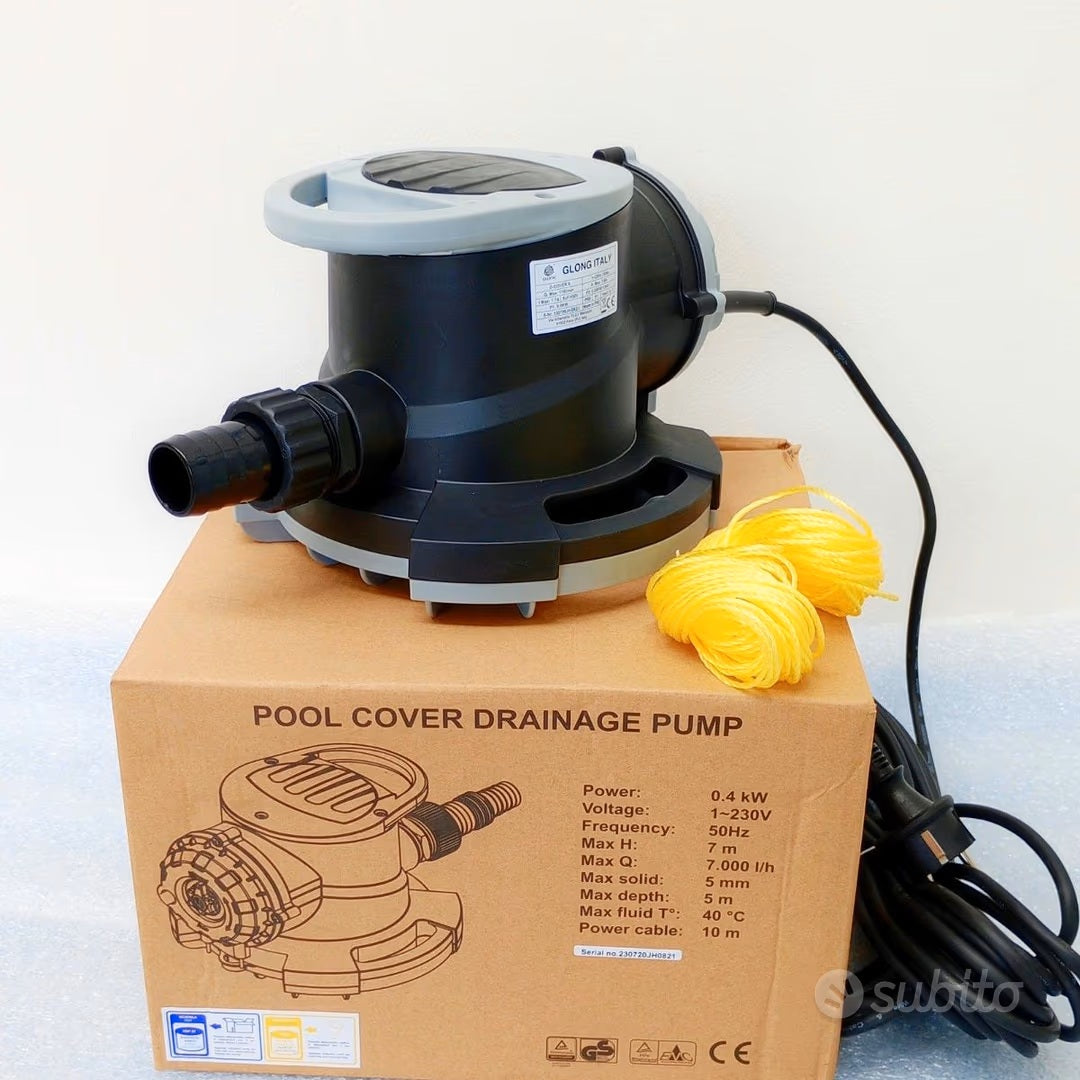 ElettroPompa Glong su scatola, cavo nero e corda gialla, per svuotare coperture piscine da acqua piovana.