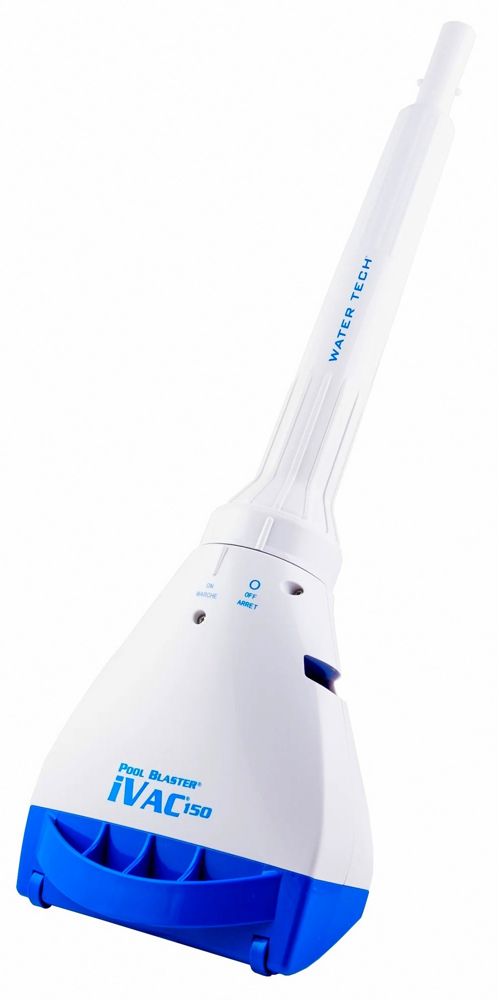 Aspiratore WaterTech IVAC 150 bianco e blu per pulizia idromassaggio e SPA, in posizione verticale.