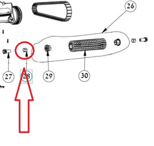 Boccola spazzola anteriore attiva per robot piscina Maytronics, evidenziata in schema tecnico.