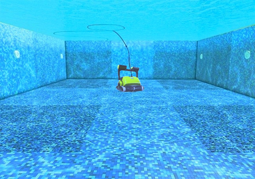 Robot Dolphin Supreme M5 in azione sul fondo di una piscina biologica, con cavo di alimentazione.