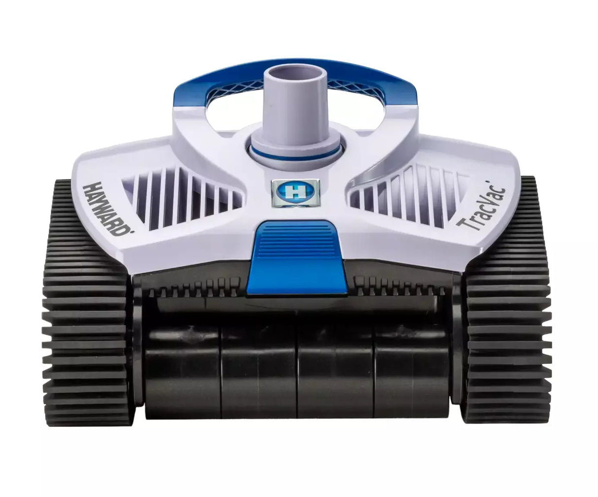 Robot piscina Hayward TracVac, vista frontale. Design compatto con cingoli neri e dettagli blu.