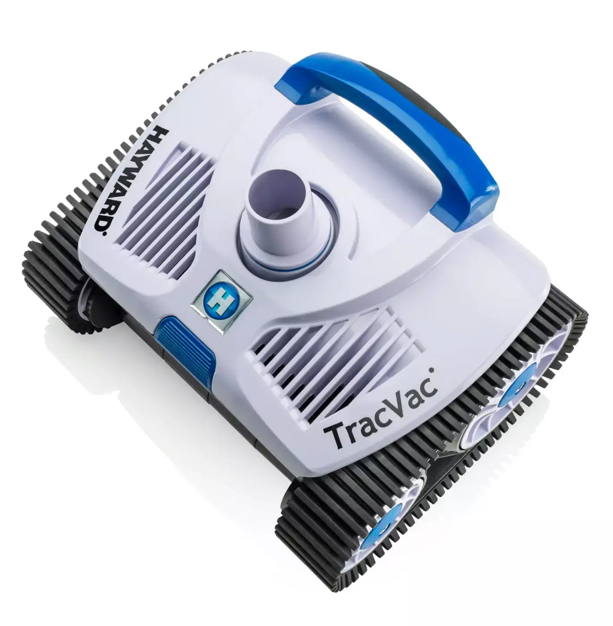 Robot piscina Hayward TracVac, design bianco e blu, con cingoli per pulizia fondo e pareti.