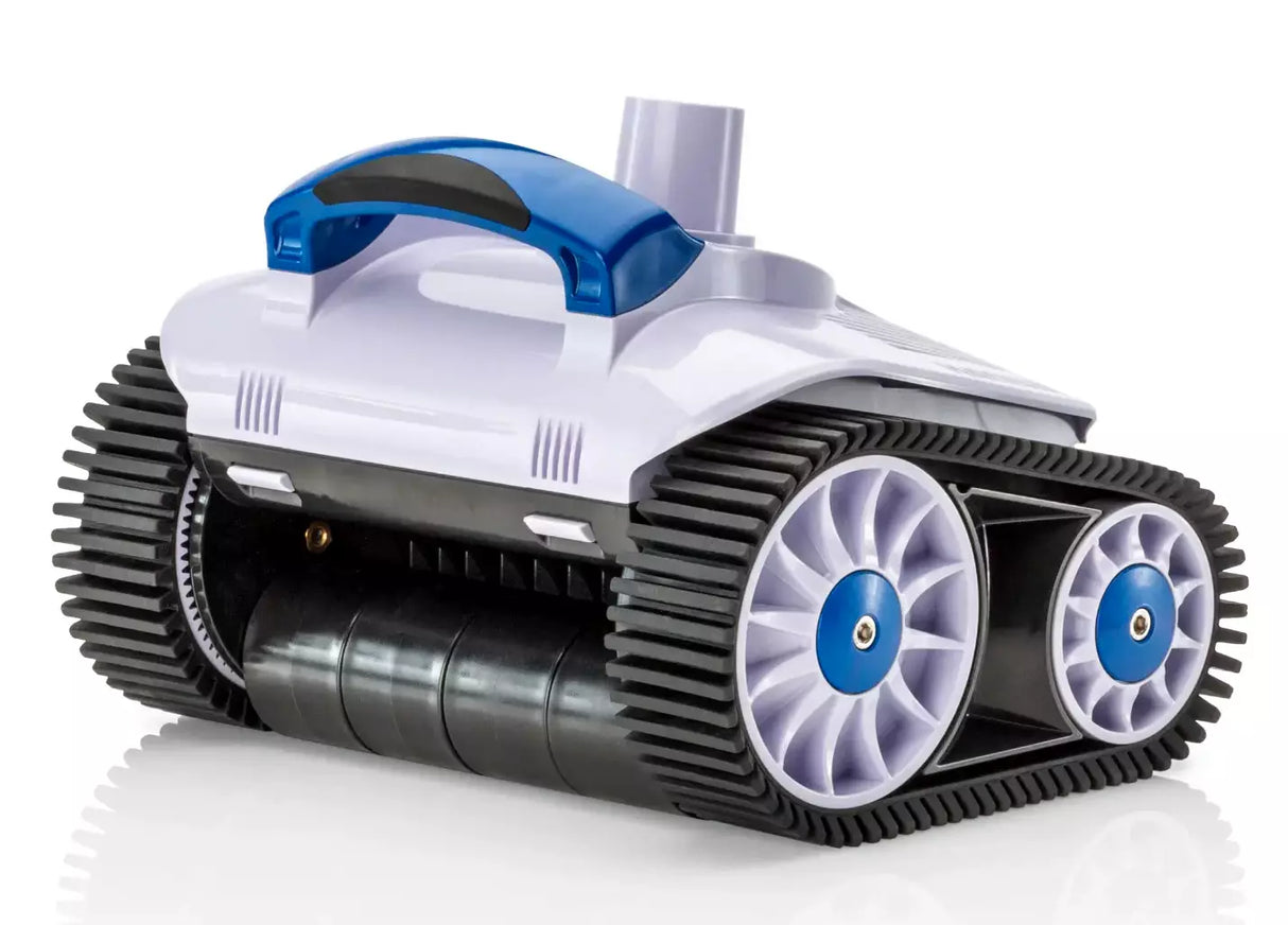 Robot piscina Hayward TracVac su ruote, colore bianco e blu, per pulizia fondo e pareti.