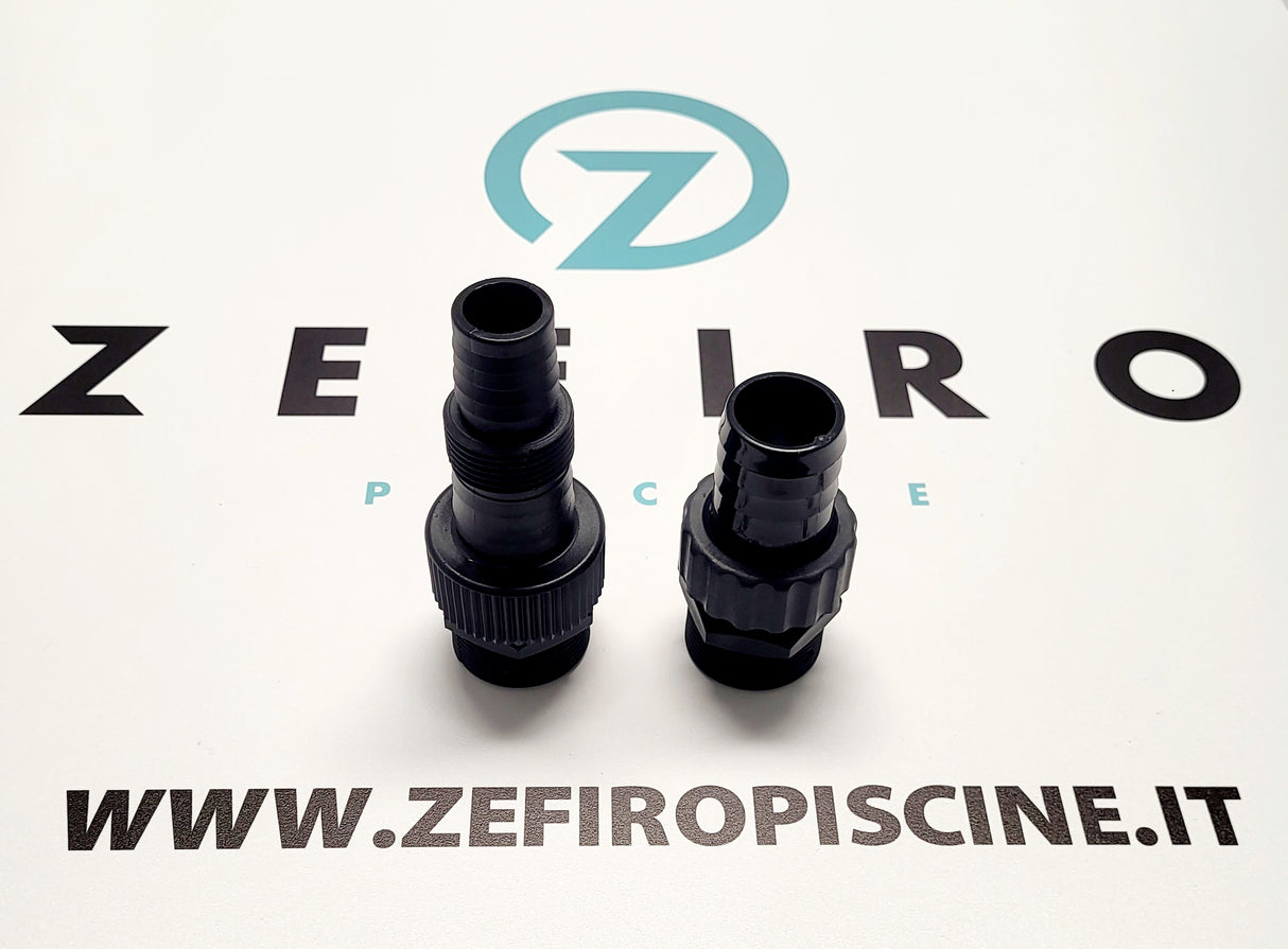 Connettori per elettropompa Glong su sfondo con logo Zefiro Piscine.