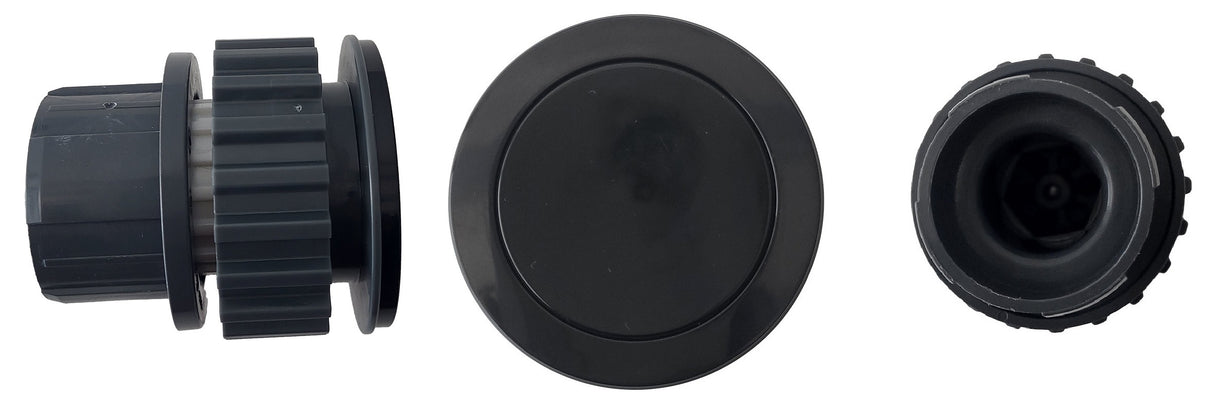 Puleggia posteriore di trazione con tappo per robot piscina Maytronics Dolphin, vista laterale e frontale.