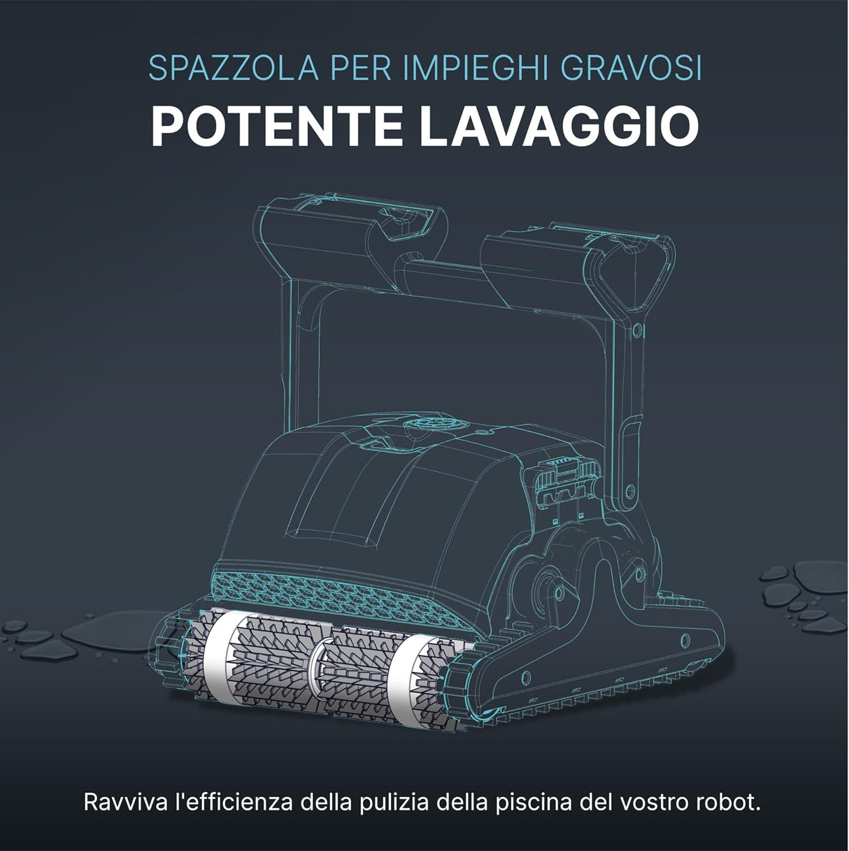 Rullo spazzole termofuse in PVC grigio per robot piscina, diagramma tecnico con dettagli di montaggio.