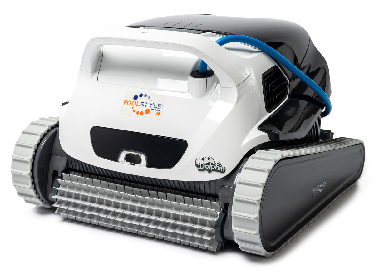 Robot piscina Dolphin Poolstyle 30 Digital, bianco e nero, con cavo blu, spazzole e cingoli grigi.