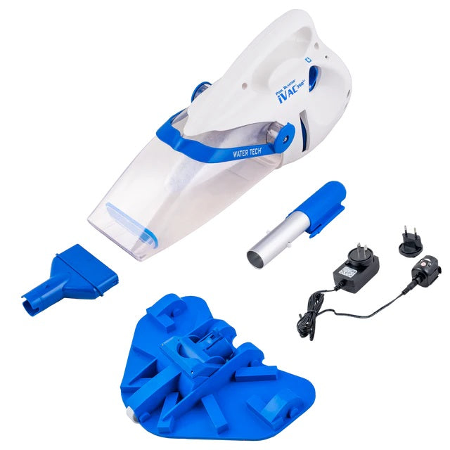 Aspiratore WaterTech Pool Blaster IVAC 350 con accessori e caricatore su sfondo bianco.