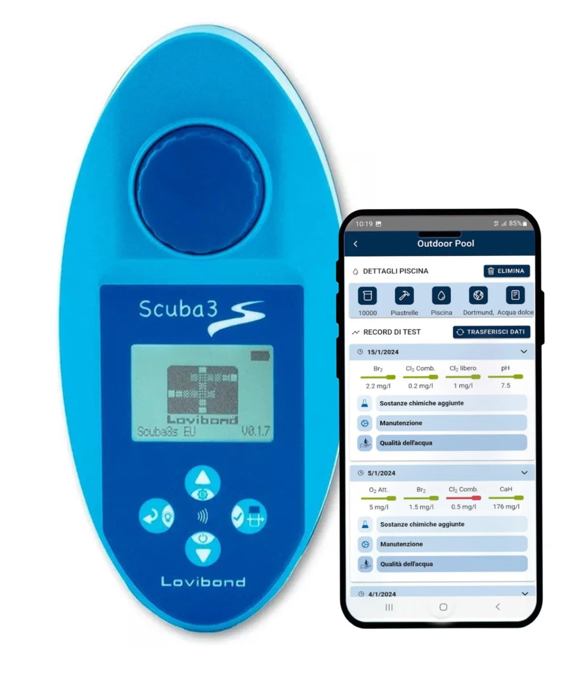 Fotometro Lovibond Scuba 3S con display e smartphone che mostra risultati analisi acqua piscina.