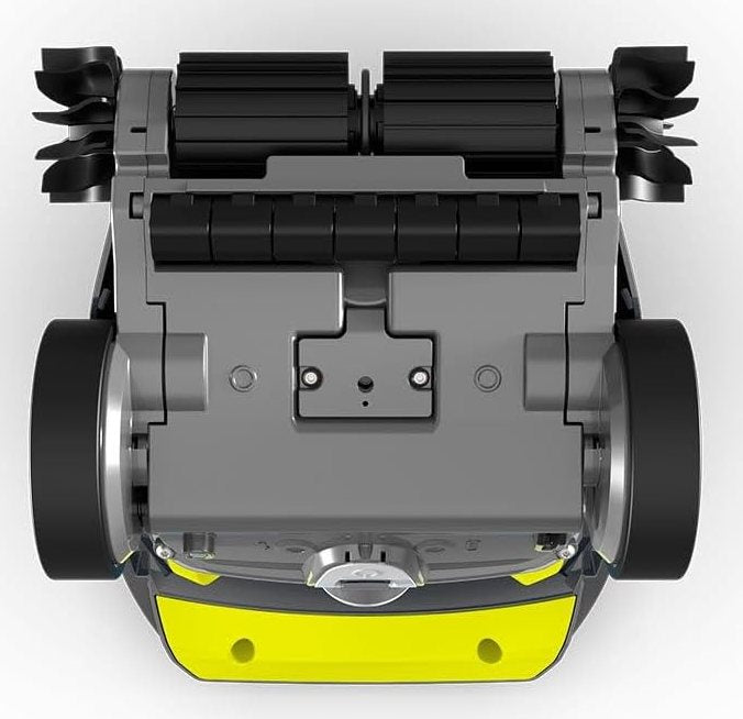 Zodiac SPABOT OS 0800 visto dal basso, mostra ruote e spazzole per pulizia idromassaggio.