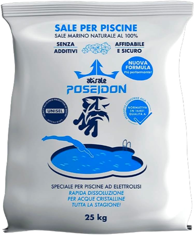 Sale Piscina Poseidon Granulare Marino Puro al 99% a Rapida Dissoluzione - Specifico per Piscine con Sistema di Disinfezione ad Elettrolisi - Conforme alla Normativa EN 16401 - Qualità A - Sacco Kg. 25