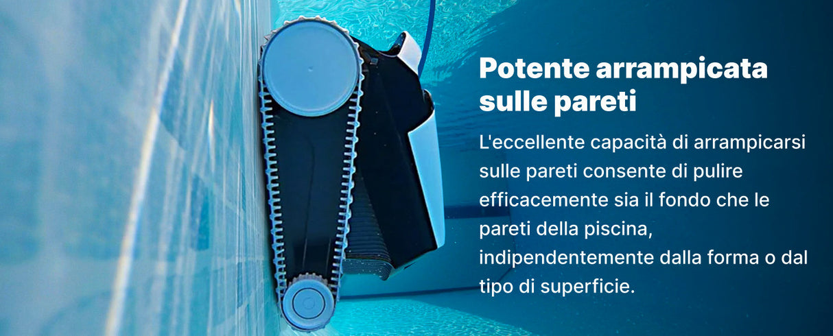 Robot piscina Dolphin My Zefiro Plus arrampicato su parete, pulizia efficace di fondo e pareti.