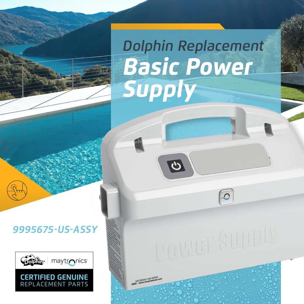 Trasformatore digitale per robot piscina Maytronics Dolphin, bordo piscina con vista montagna.