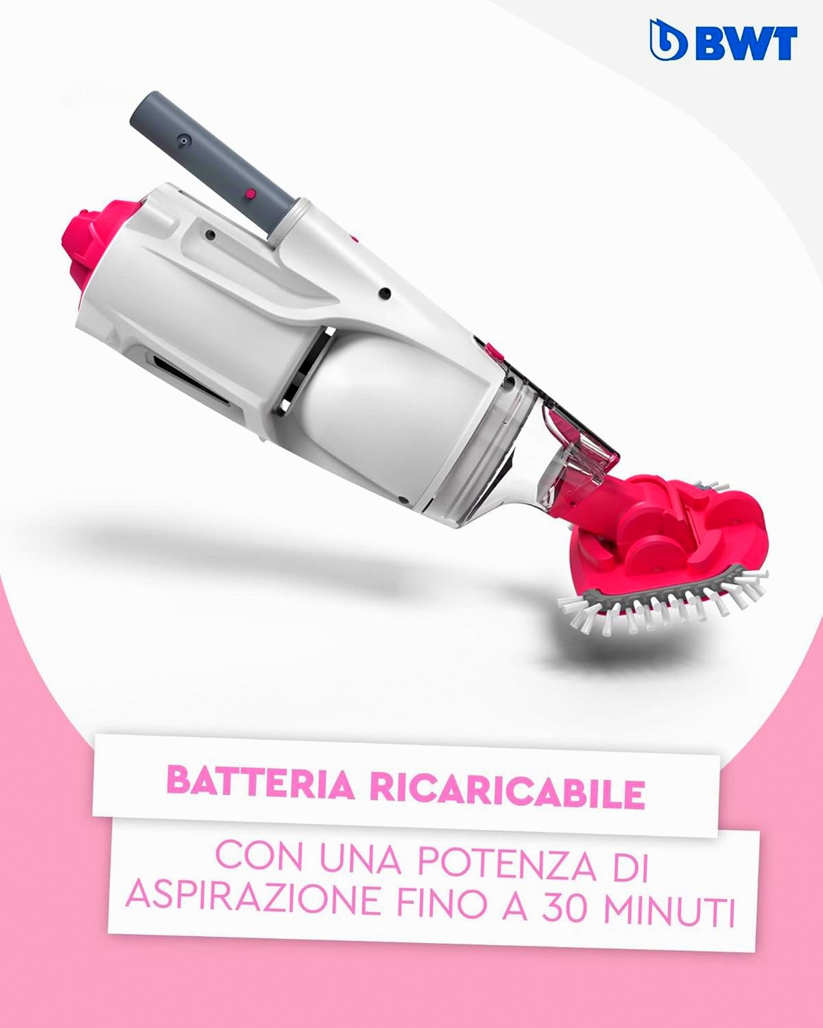 Aspiratore BWT PK GIANT bianco e rosa, batteria ricaricabile, per piscine e SPA fino a 35 m³.