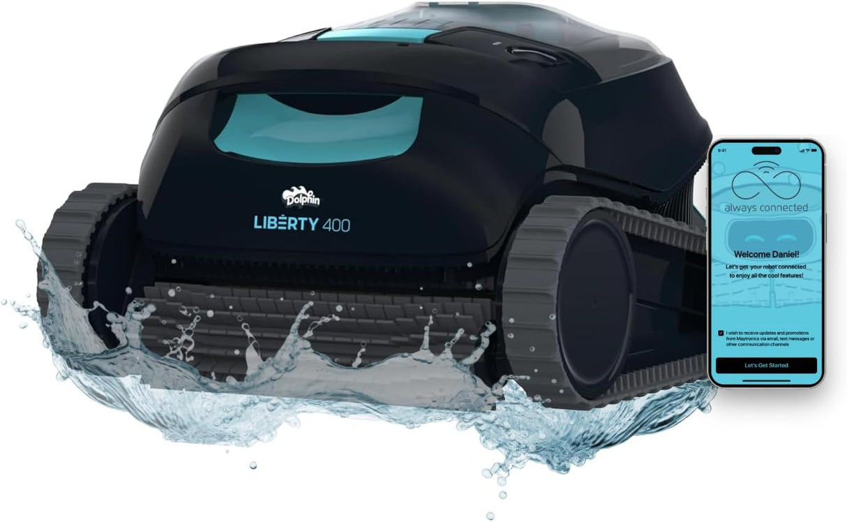 Robot piscina Dolphin Liberty 400i in azione con smartphone che mostra app MyDolphin.