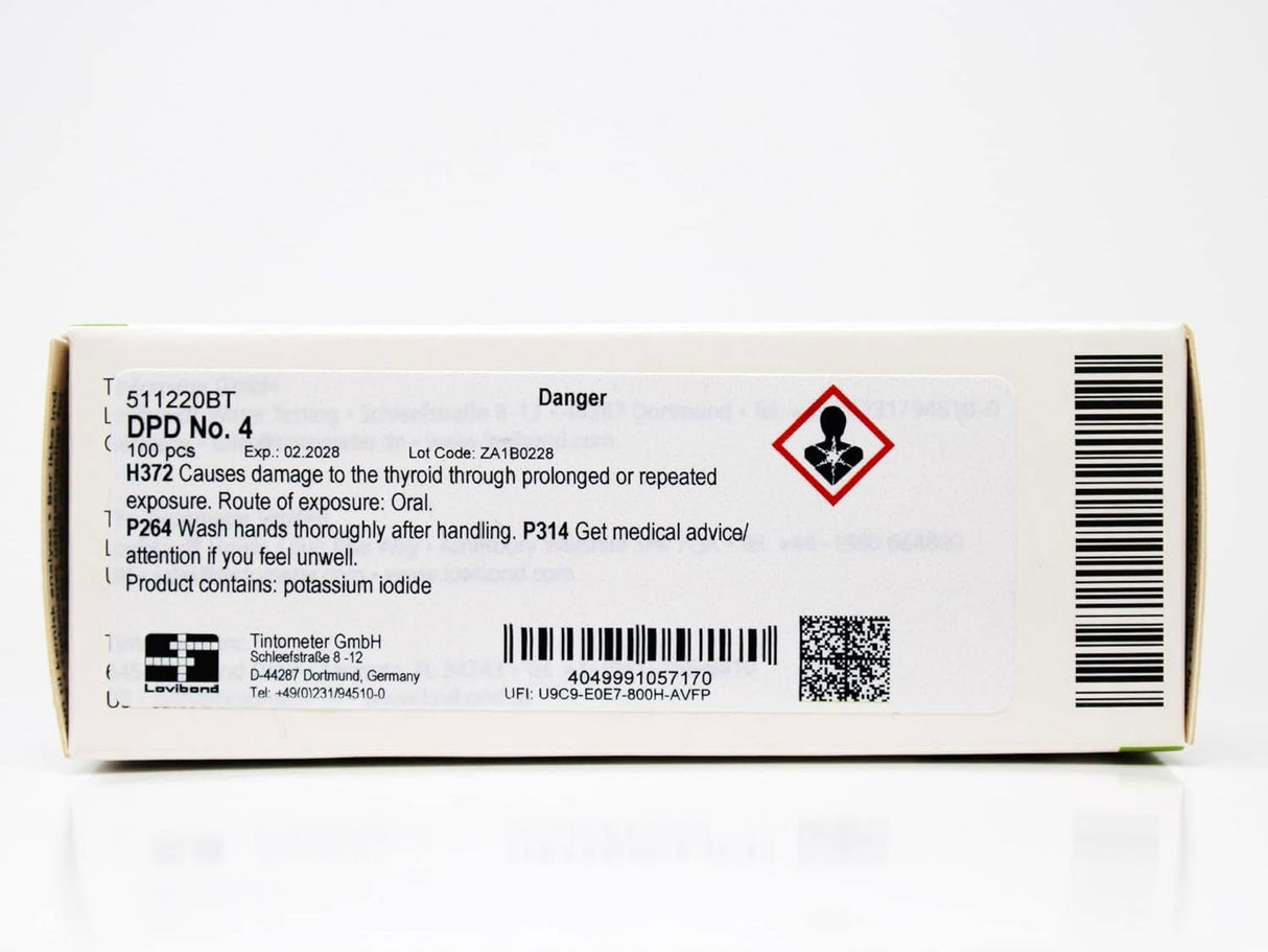 100 pastiglie reagenti DPD4 Lovibond in confezione bianca con etichetta di sicurezza.
