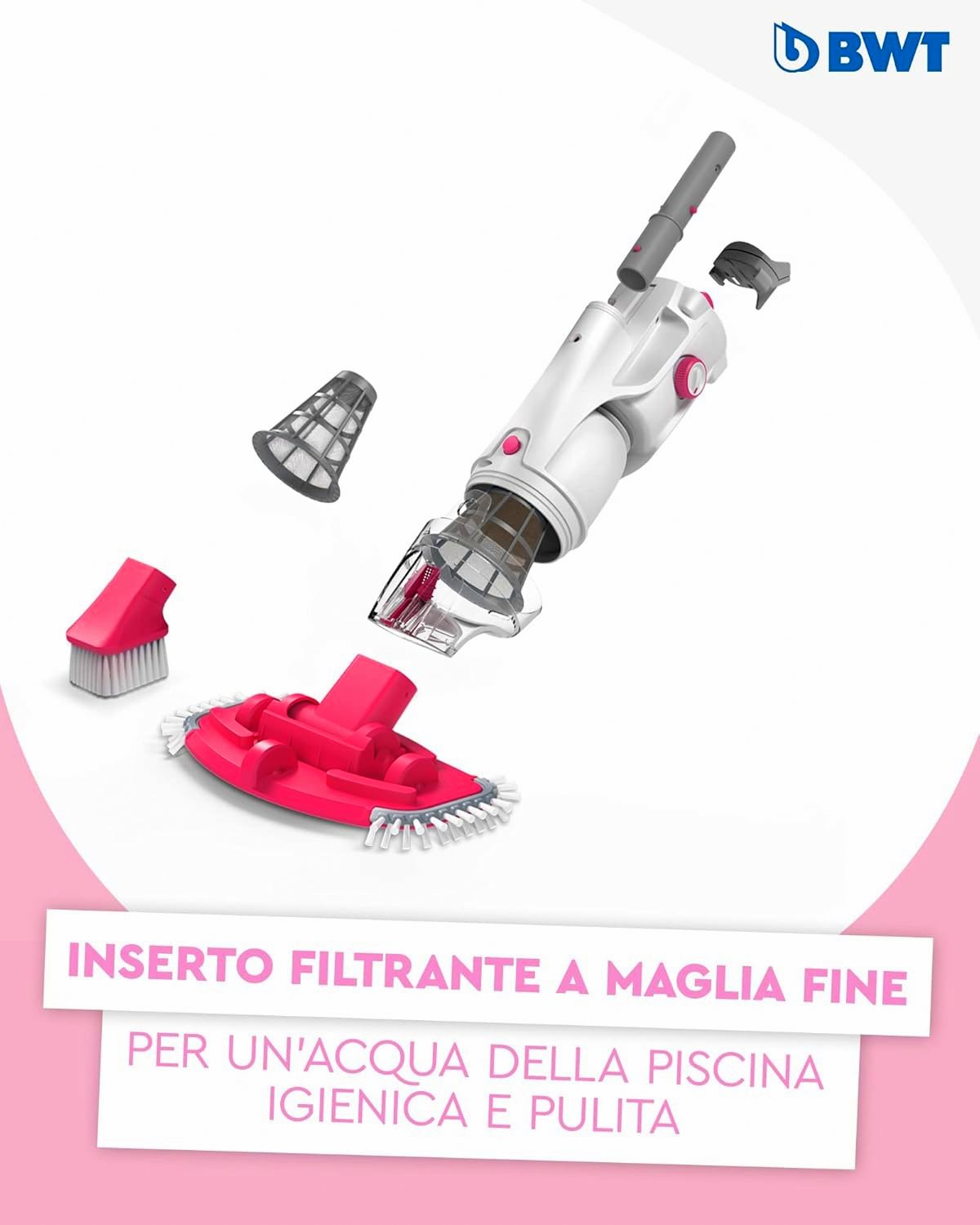 Aspiratore BWT PK GIANT con accessori e filtro a maglia fine per pulizia piscine e SPA.