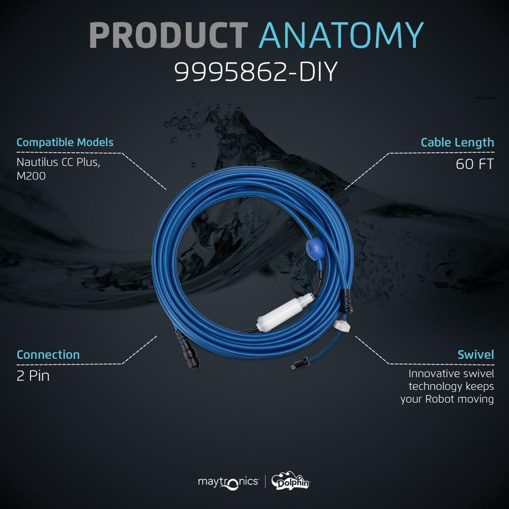 Cavo galleggiante blu 18m con swivel, 2 pin per robot piscina Maytronics Dolphin, modello 9995862-DIY.