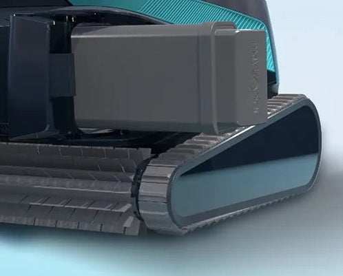 Robot piscina Dolphin Liberty 600i su superficie chiara, dettaglio cingolo e struttura laterale.