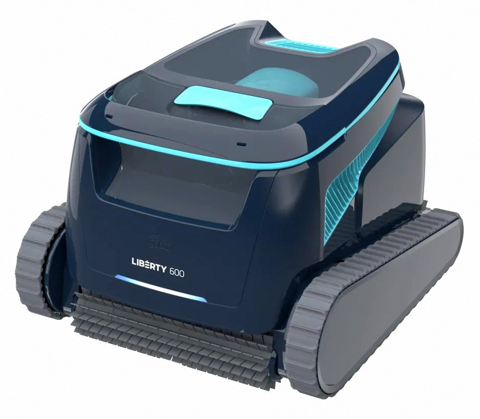 Robot piscina Dolphin Liberty 600i cordless, design moderno, cingoli grigi, bordo piscina.