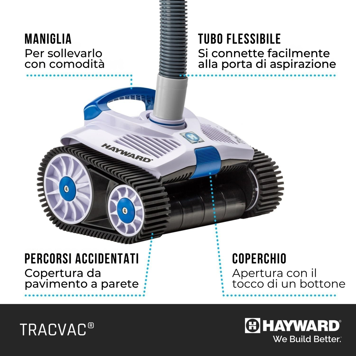 Robot piscina Hayward TracVac con tubo flessibile, maniglia e cingoli, su sfondo bianco.
