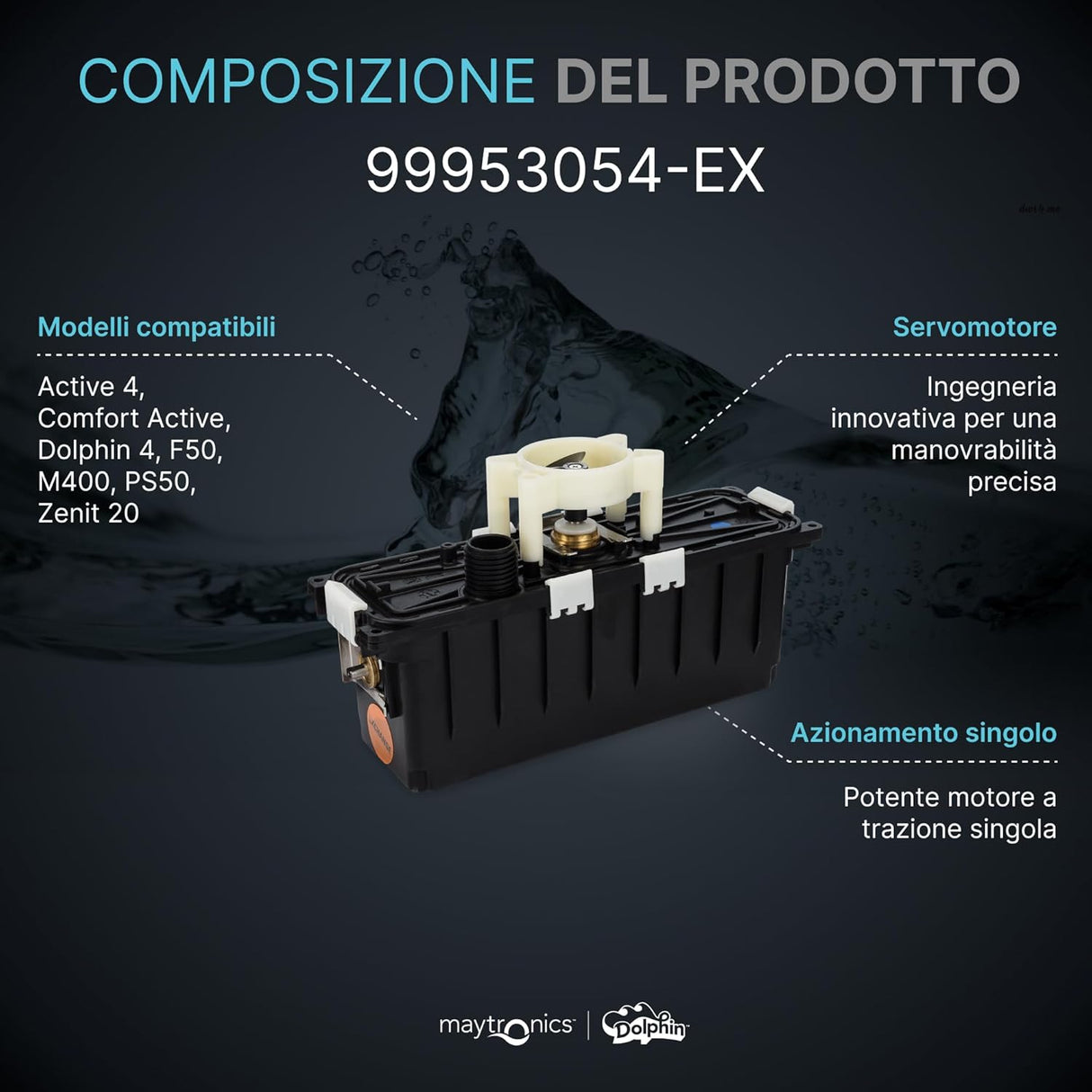 Box motore con centralina per robot piscina Maytronics, compatibile con vari modelli.