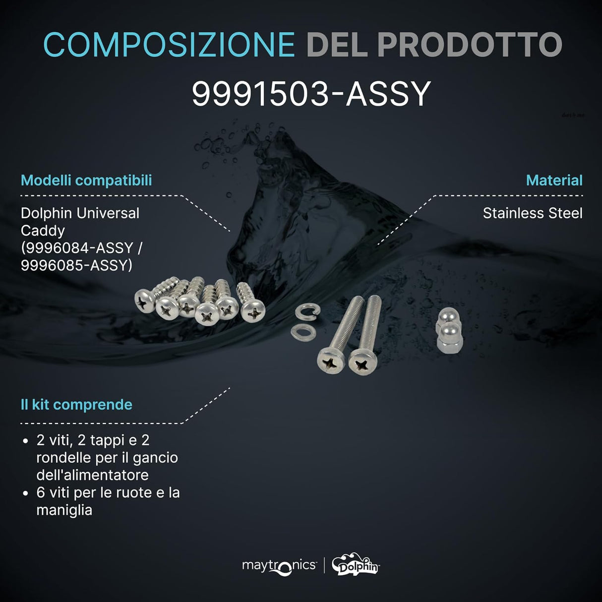Kit viti in acciaio inox per carrello Maytronics Dolphin, include viti, rondelle e tappi.