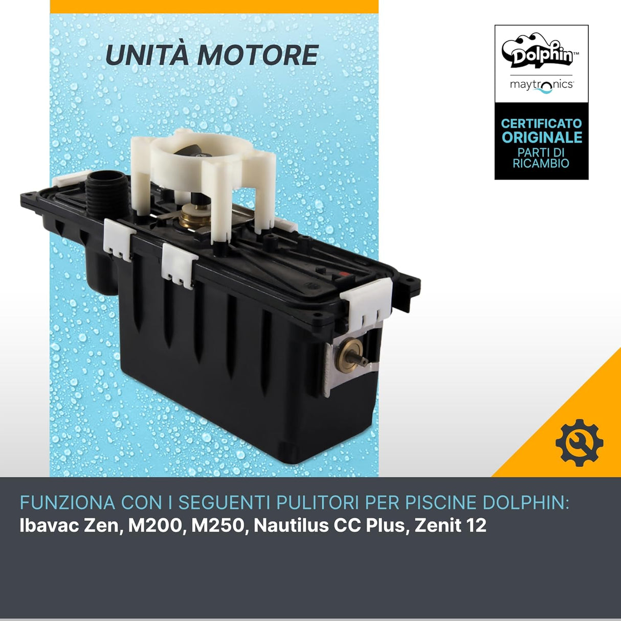 Box motore con centralina per robot piscina Dolphin, compatibile con vari modelli. Sfondo blu con gocce d'acqua.