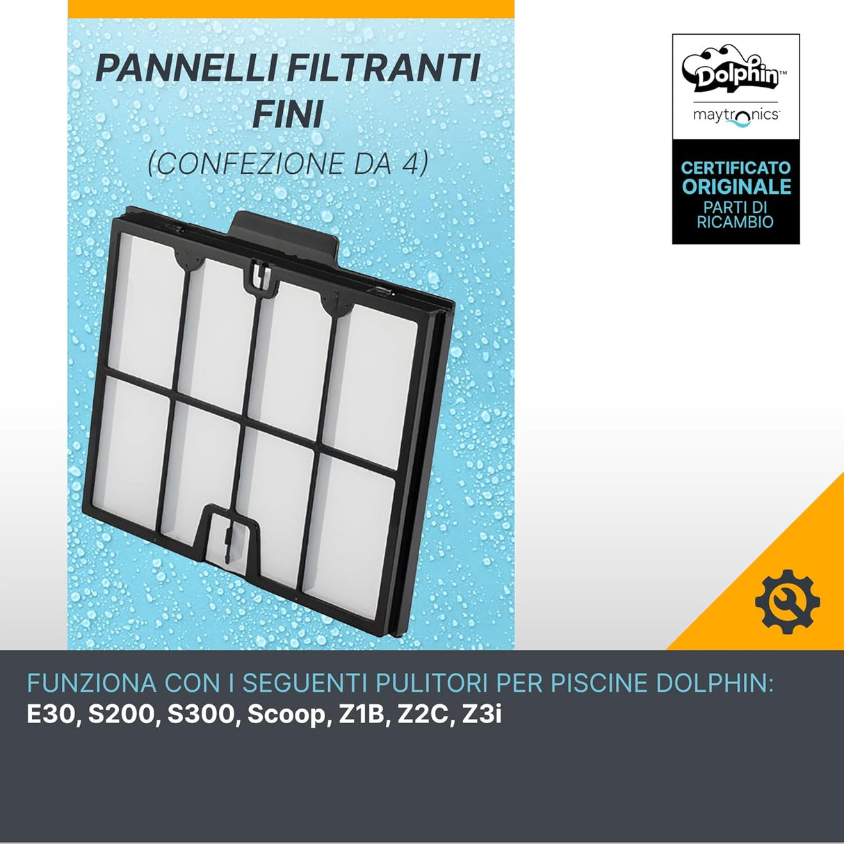 Filtro cartuccia 100 micron per robot piscina Dolphin, confezione da 4 su sfondo con gocce d'acqua.
