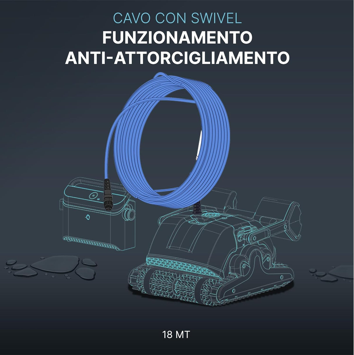 Cavo galleggiante blu 18 m con swivel per robot piscina, illustrazione tecnica.