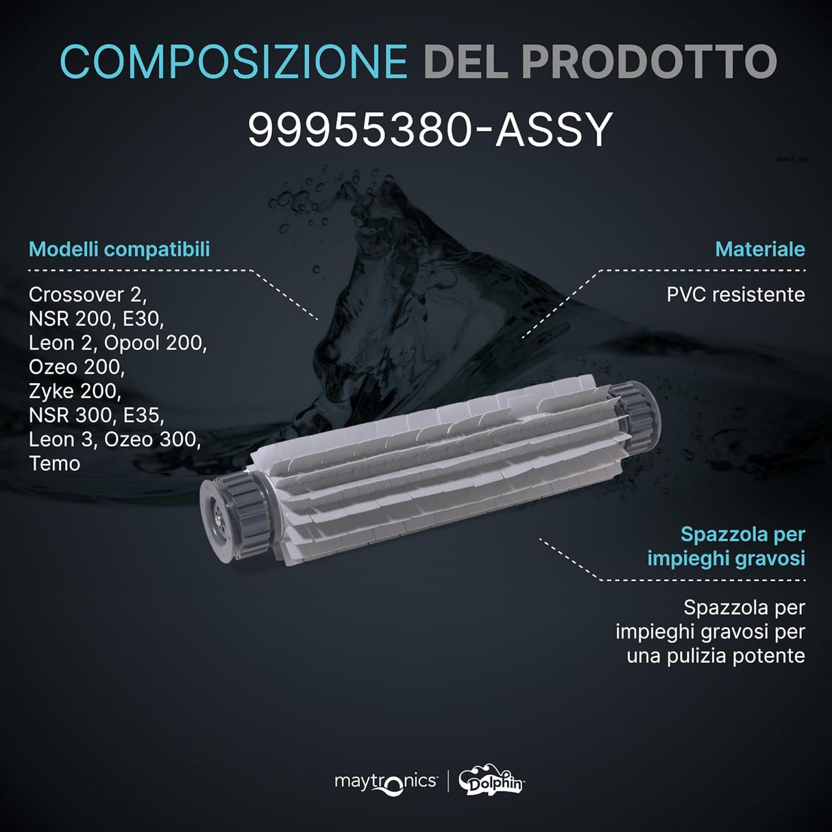 Spazzola PVC posteriore lunga per robot piscina, modelli Maytronics Dolphin, su sfondo scuro.