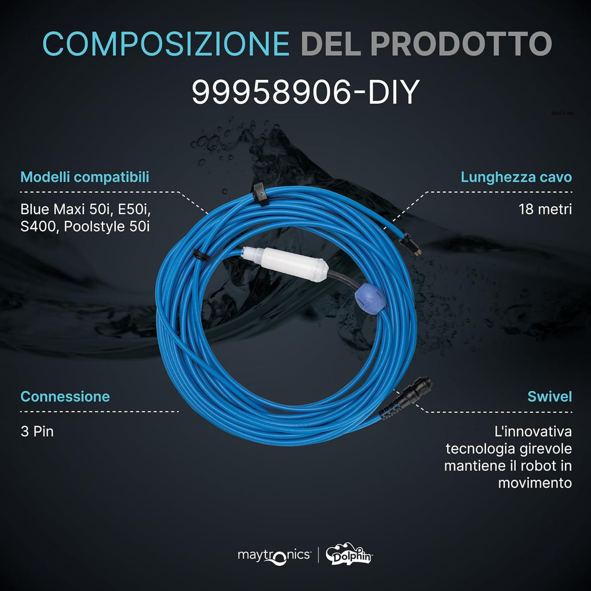 Cavo galleggiante blu da 18 metri con connettori per robot piscina Maytronics Dolphin, modello 99958906-DIY.