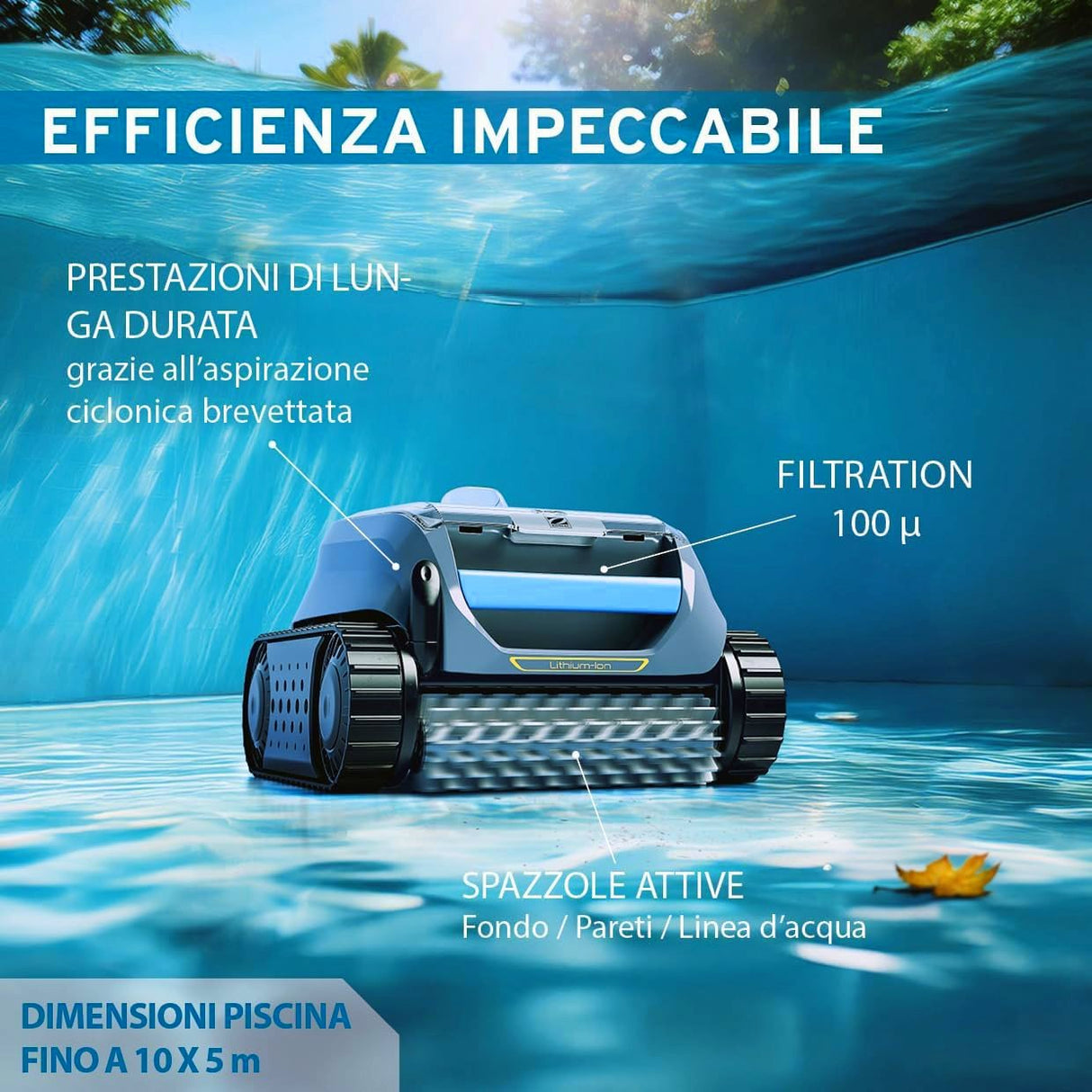 Robot piscina Zodiac Freedom OF 42 iQ Gyro in azione sul fondo, mostra spazzole e filtrazione 100 µ.