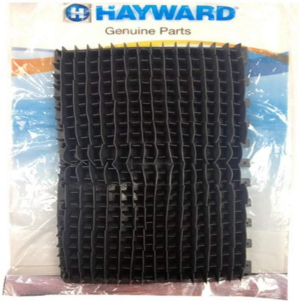 Spazzola PVC lunga nera per robot pulitori piscina Hayward, confezionata in plastica trasparente.