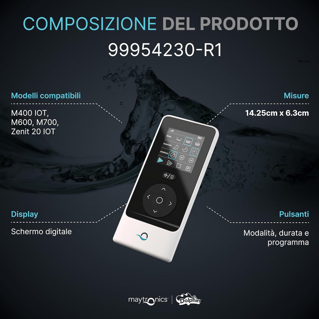 Radiocomando IoT Maytronics Dolphin con display digitale e pulsanti per modalità e durata. Modelli compatibili elencati.