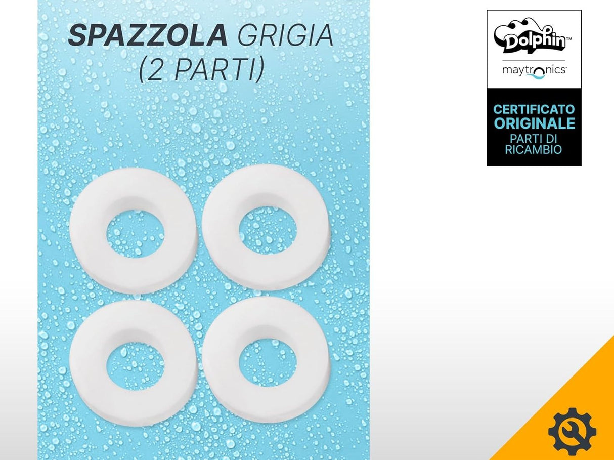 Quattro anelli bianchi PVA per spazzole robot piscina Dolphin su sfondo blu con gocce d'acqua.