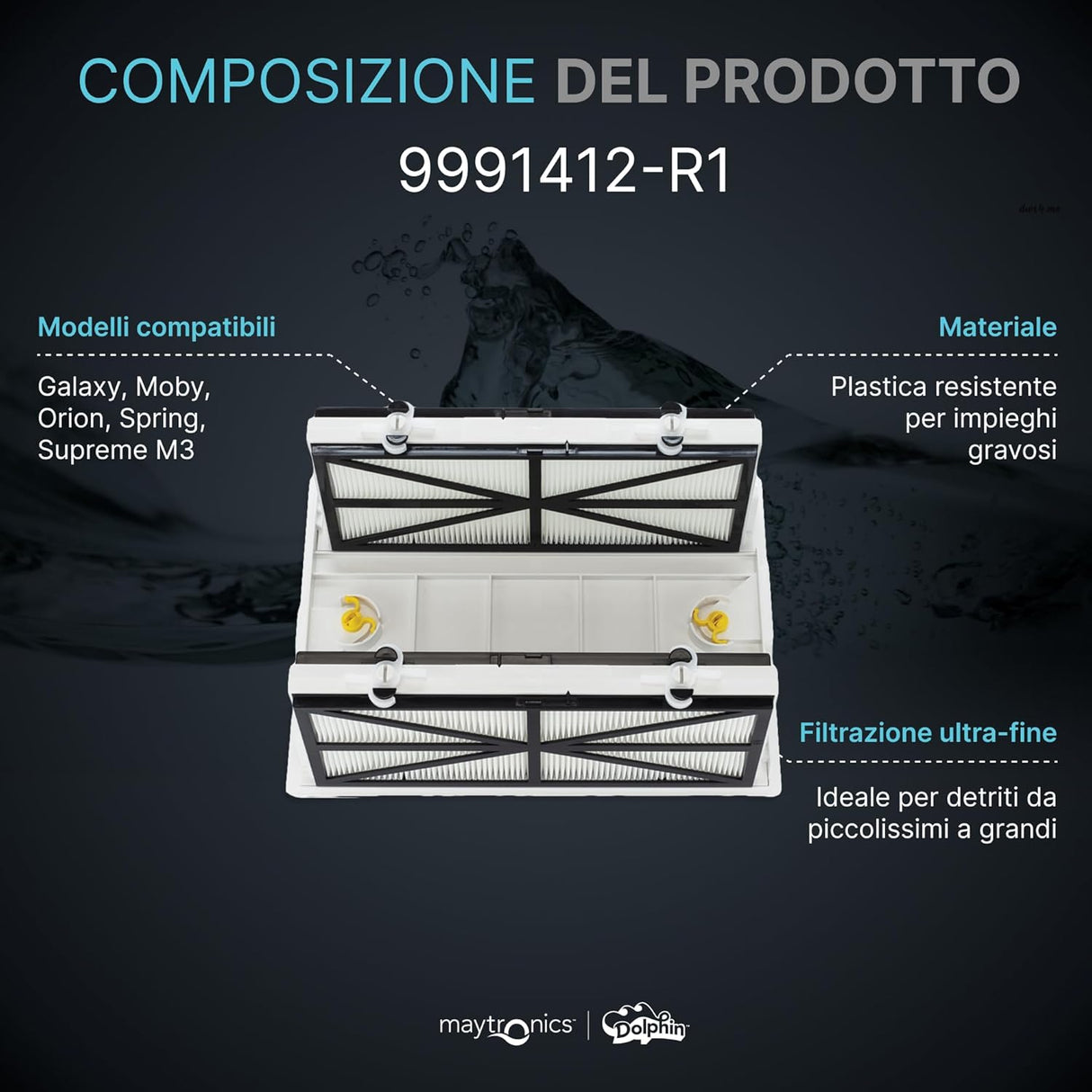 Supporto telaio con 4 cartucce filtro da 50 micron per robot Maytronics Dolphin, vista dall'alto.