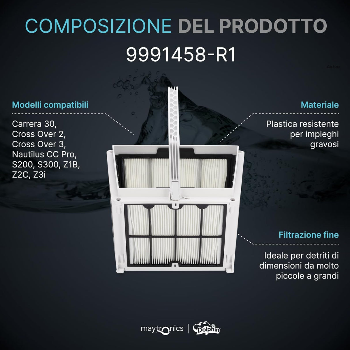 Cestello filtro per robot piscina Maytronics Dolphin, compatibile con vari modelli, plastica resistente.