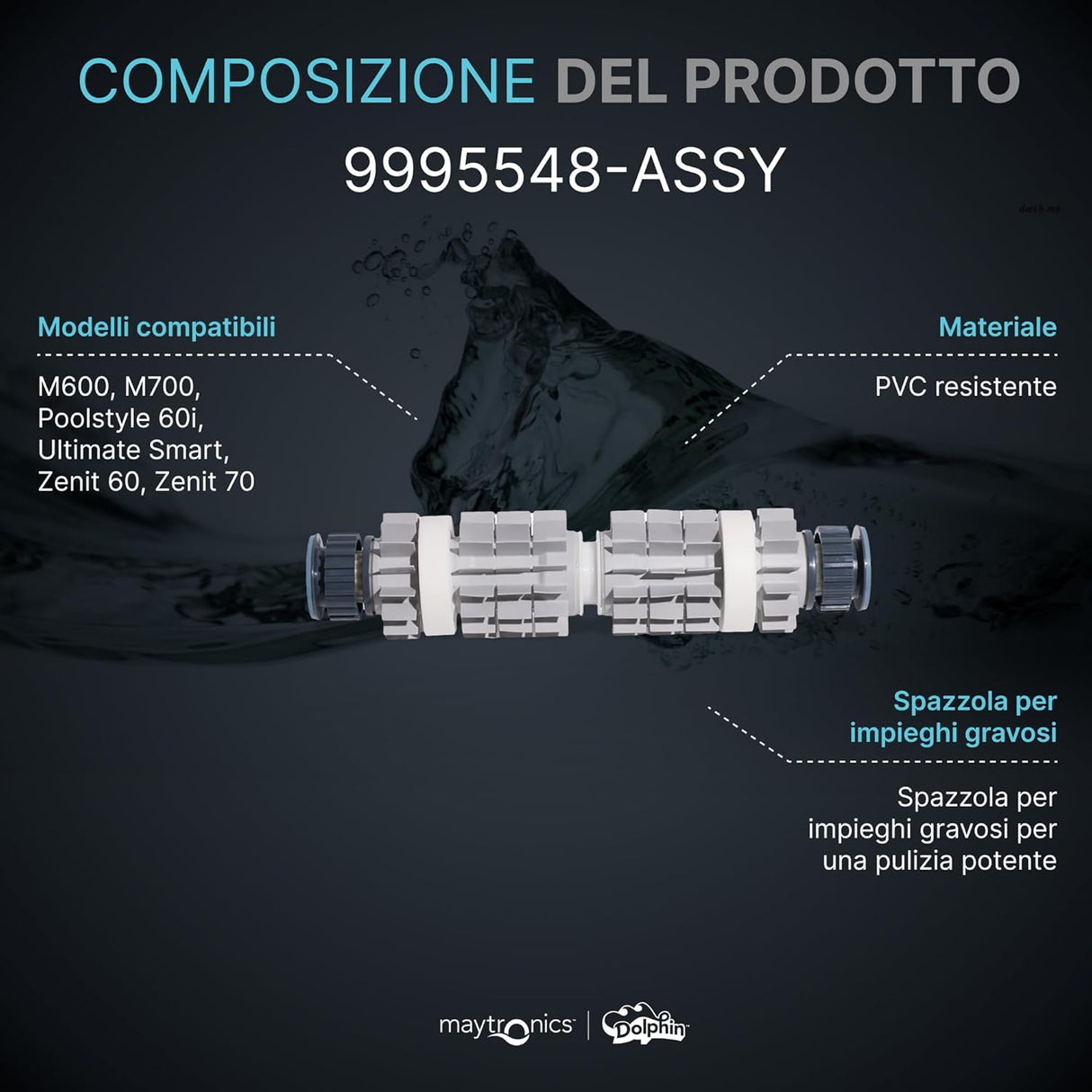Spazzole PVC corte, anelli e pulegge per robot piscina Maytronic Dolphin modelli specifici.
