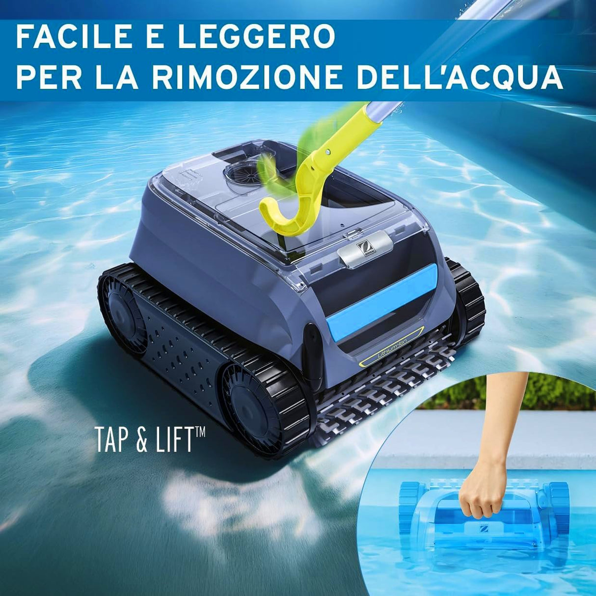 Robot piscina Zodiac Freedom OF 42 iQ in azione in acqua, con dettaglio di rimozione manuale.