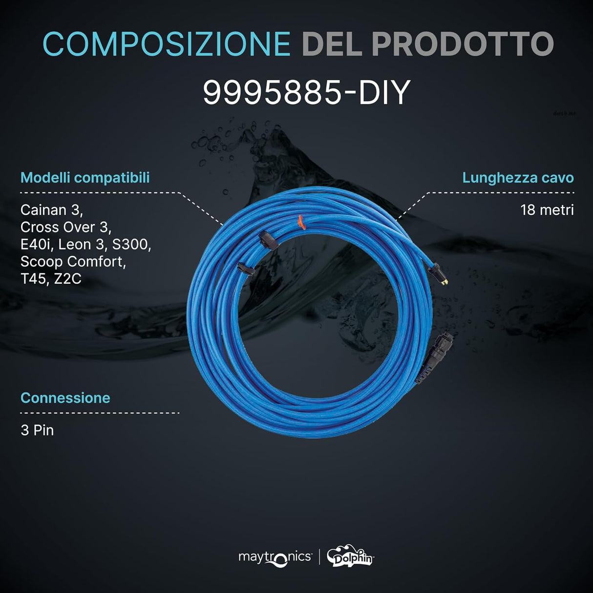 Cavo galleggiante blu 18m con connettori 3 pin per robot piscina Maytronics Dolphin vari modelli.