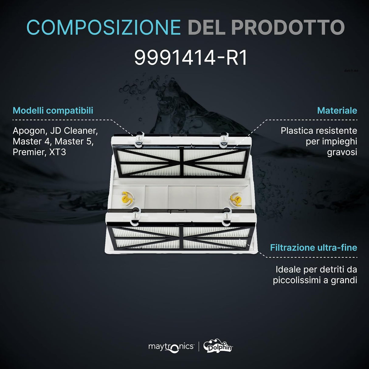 Supporto con 4 cartucce filtranti per robot Maytronics Dolphin, compatibile con vari modelli.