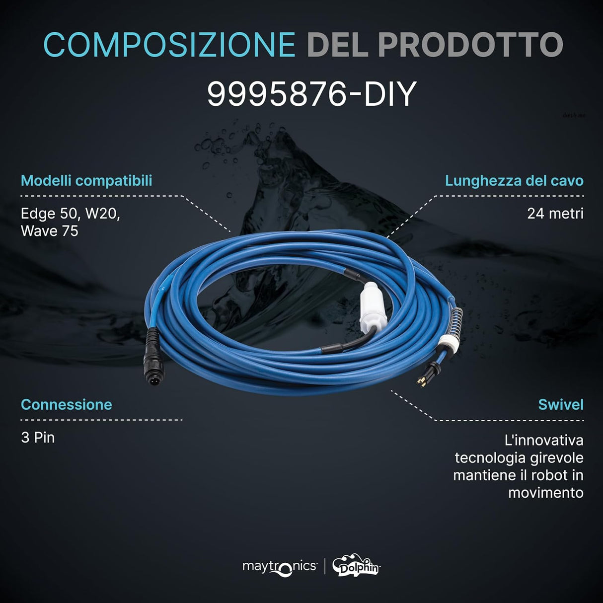 Cavo galleggiante blu 18m con connettori per robot piscina Maytronics Dolphin W20, Edge 50, Wave 75.