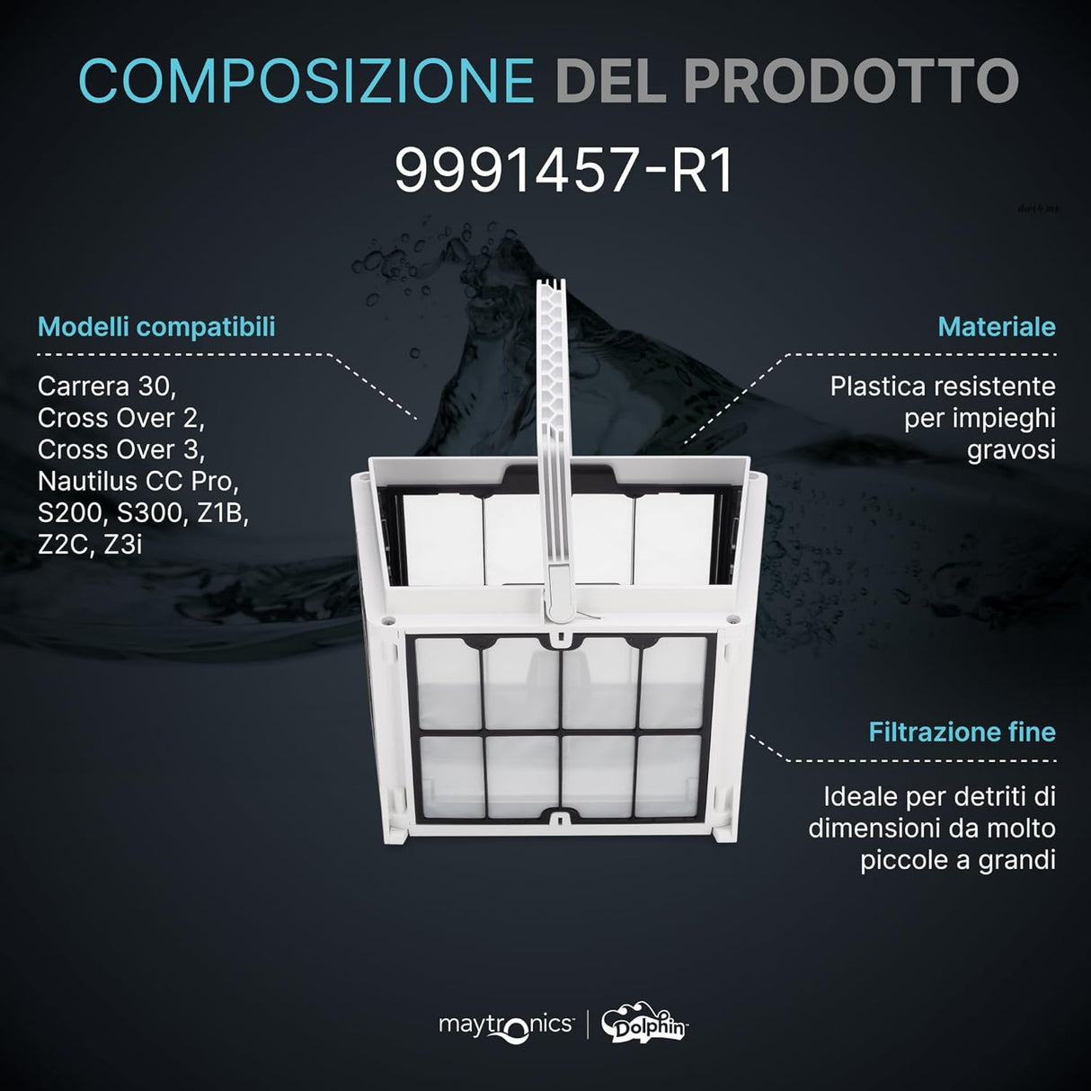 Cestello filtro 100 micron per robot piscina Maytronics Dolphin, compatibile con vari modelli.