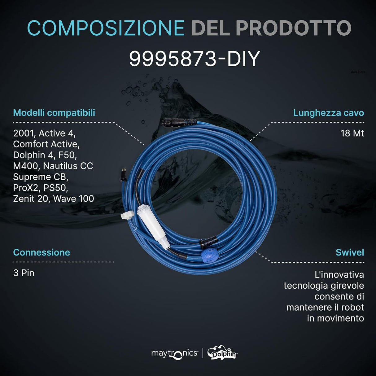 Cavo galleggiante blu 18 m con swivel e 3 pin per robot piscina Maytronics Dolphin, compatibile con vari modelli.