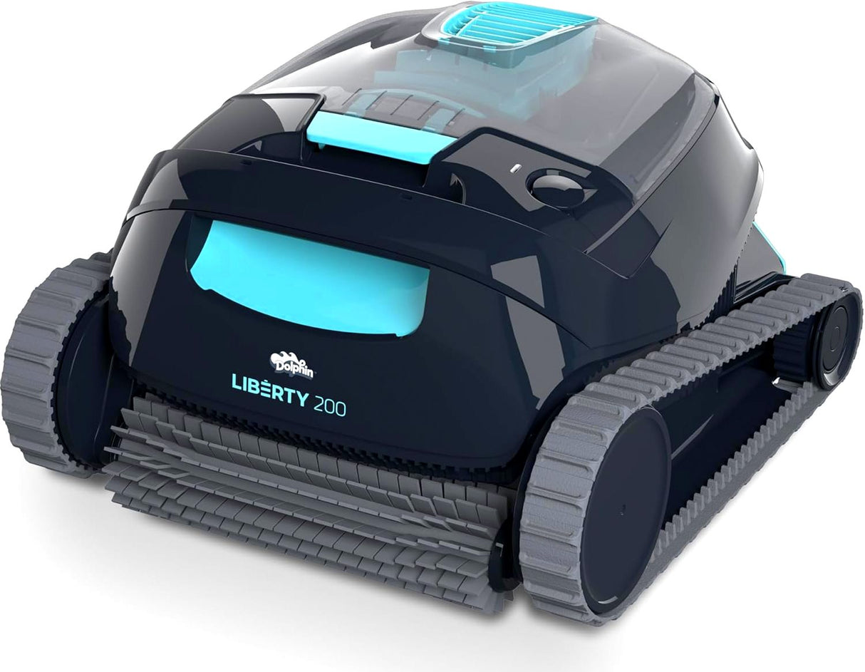 Robot piscina Dolphin Liberty 200 Eco cordless su fondo bianco, vista posteriore con cingoli e spazzole.